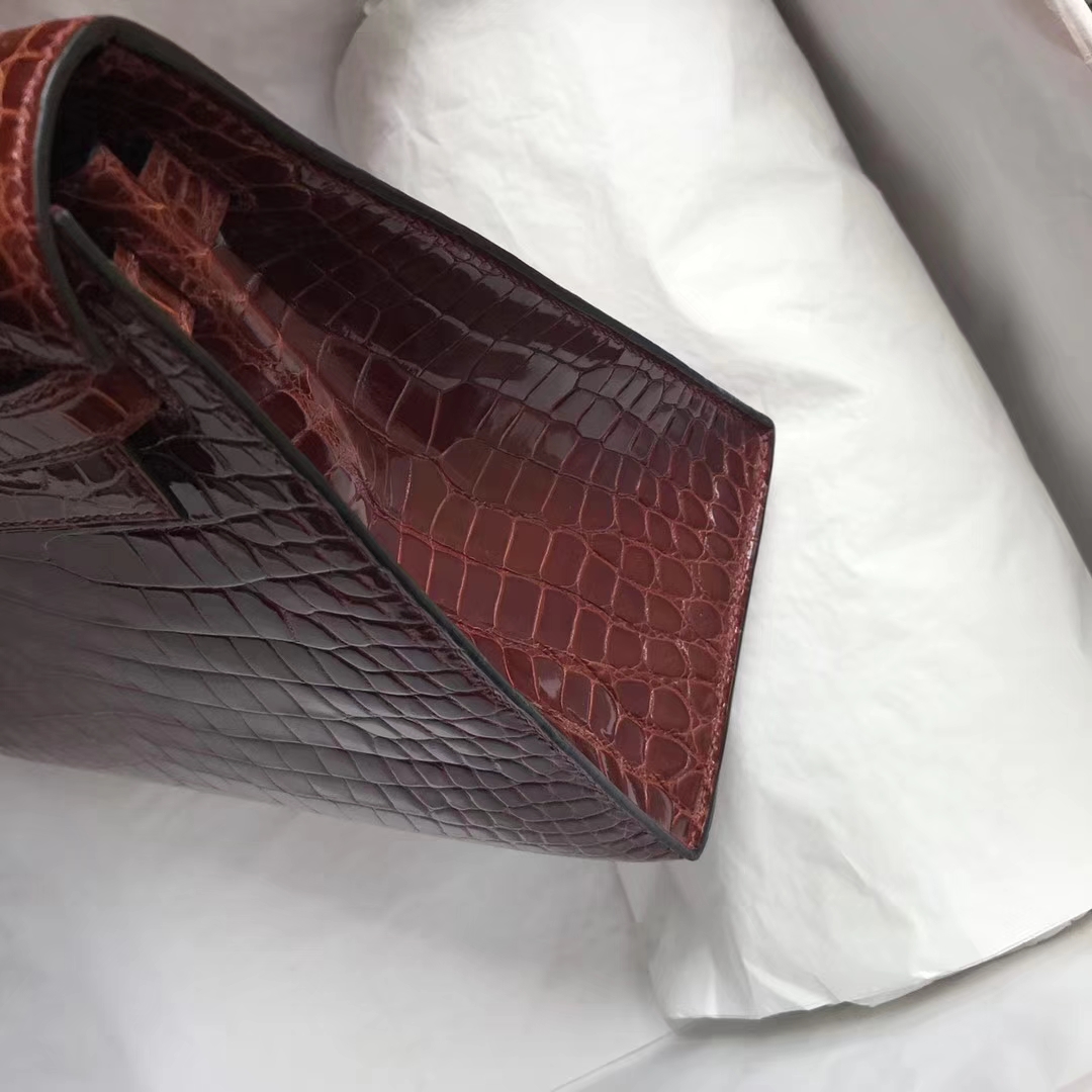 Luxury Hermes Shiny Crocodile Leather Kelly28CM Bag in CK31 Miel Brown