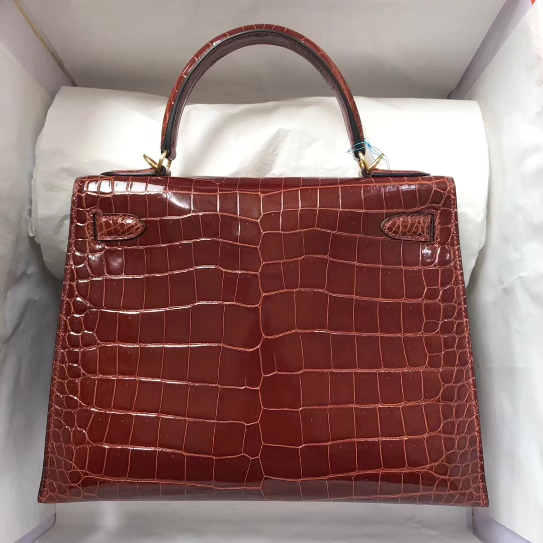 Luxury Hermes Shiny Crocodile Leather Kelly28CM Bag in CK31 Miel Brown