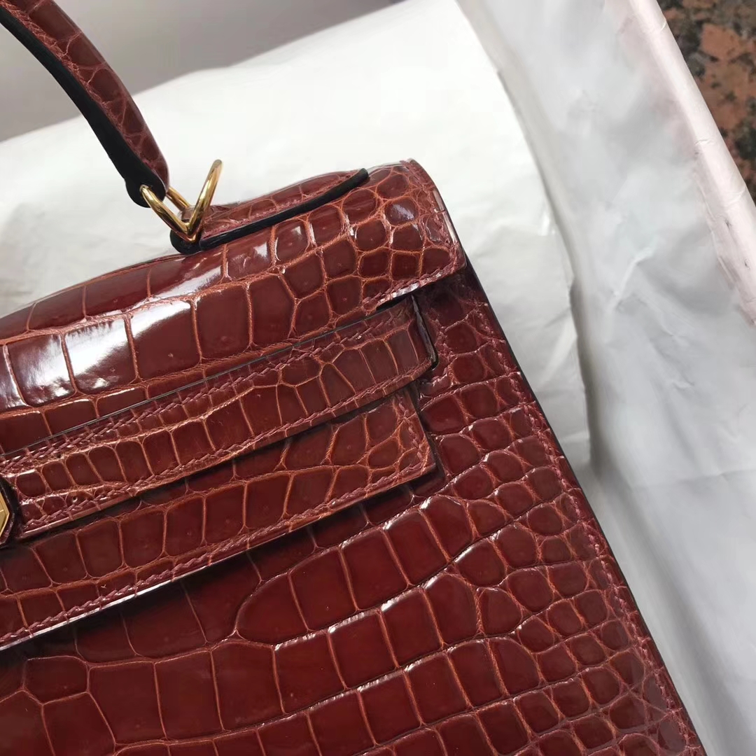 Luxury Hermes Shiny Crocodile Leather Kelly28CM Bag in CK31 Miel Brown