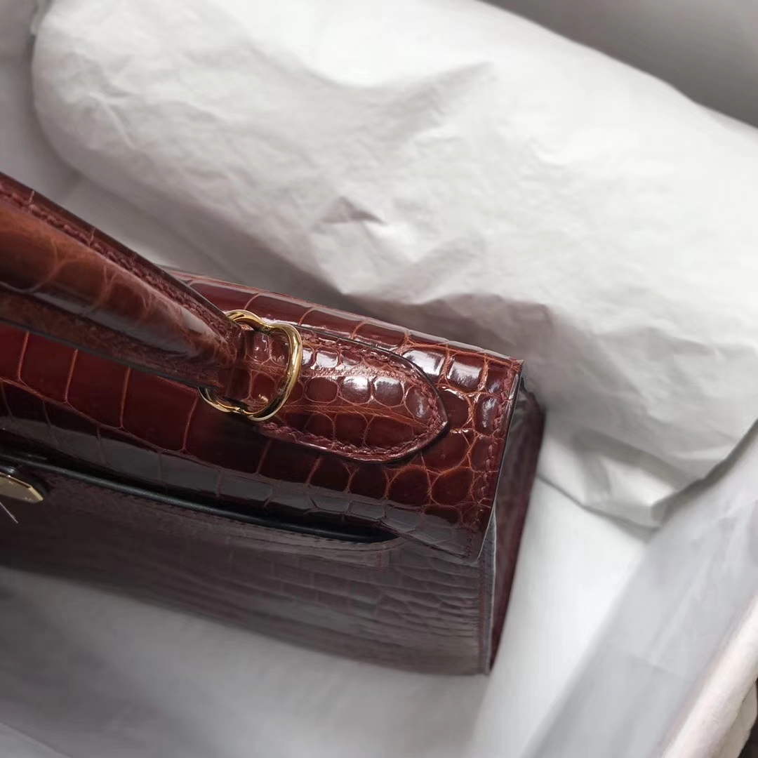 Luxury Hermes Shiny Crocodile Leather Kelly28CM Bag in CK31 Miel Brown
