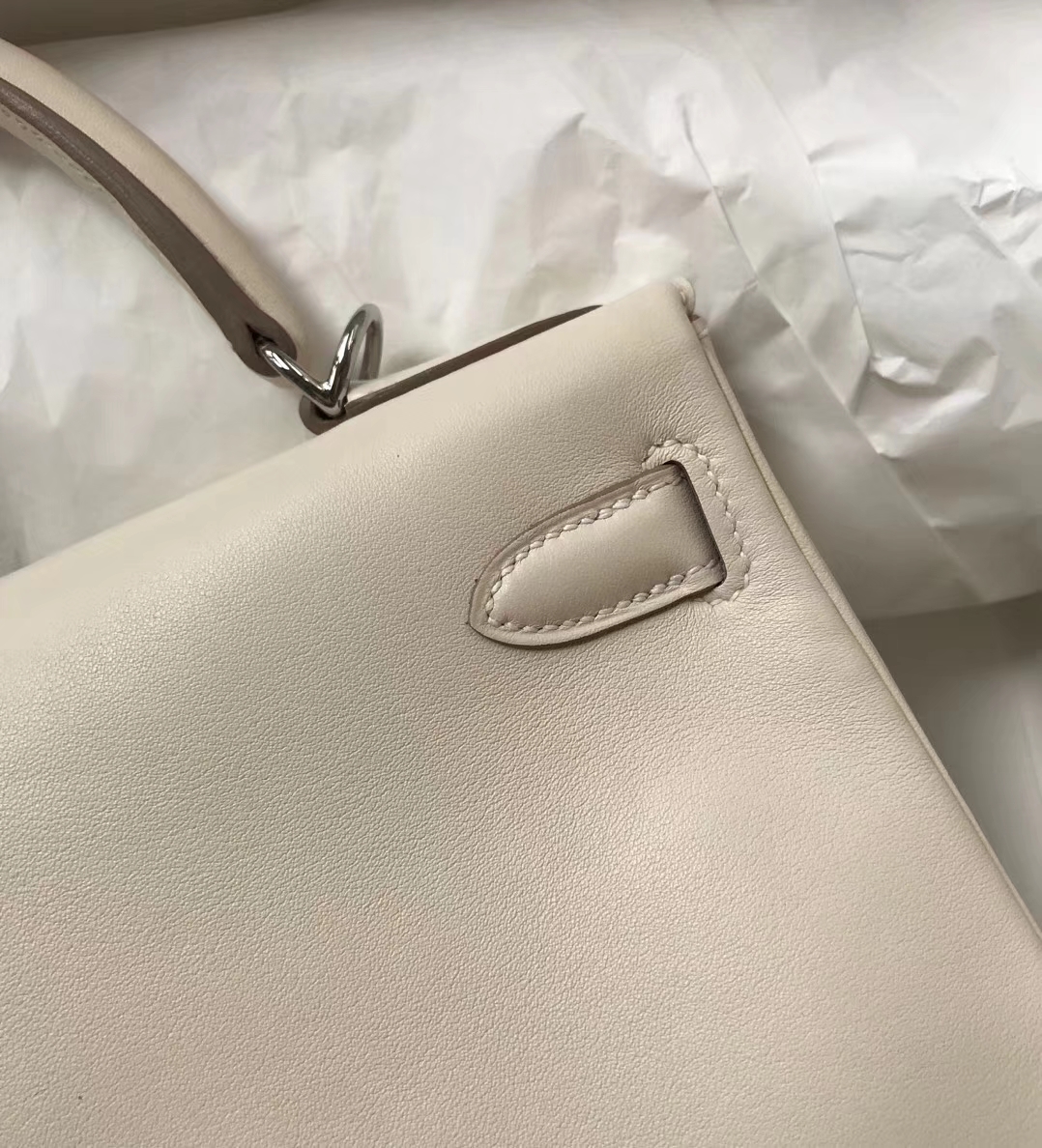 Elegant Hermes CK10 Craie Swift Calf Kelly28cm Tote Bag Silver Hardware