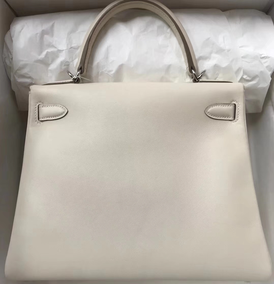Elegant Hermes CK10 Craie Swift Calf Kelly28cm Tote Bag Silver Hardware