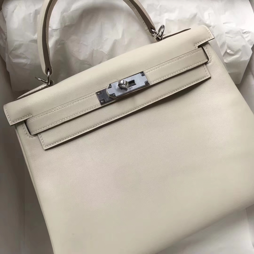 Elegant Hermes CK10 Craie Swift Calf Kelly28cm Tote Bag Silver Hardware