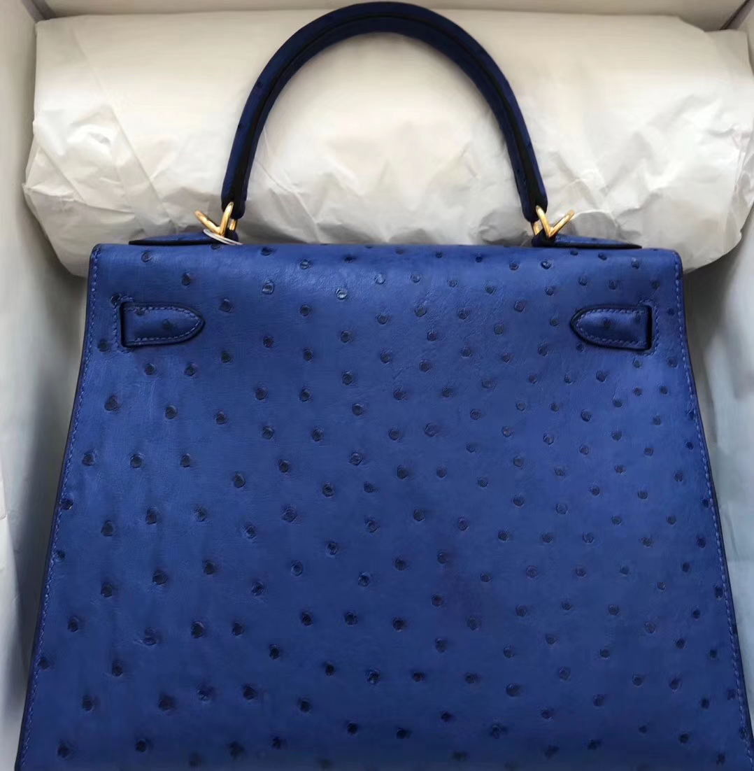 Elegant Hermes 7T Blue Electric Ostrich Leather Kelly Bag28cm Gold Hardware
