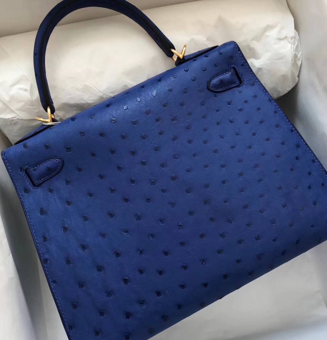 Elegant Hermes 7T Blue Electric Ostrich Leather Kelly Bag28cm Gold Hardware