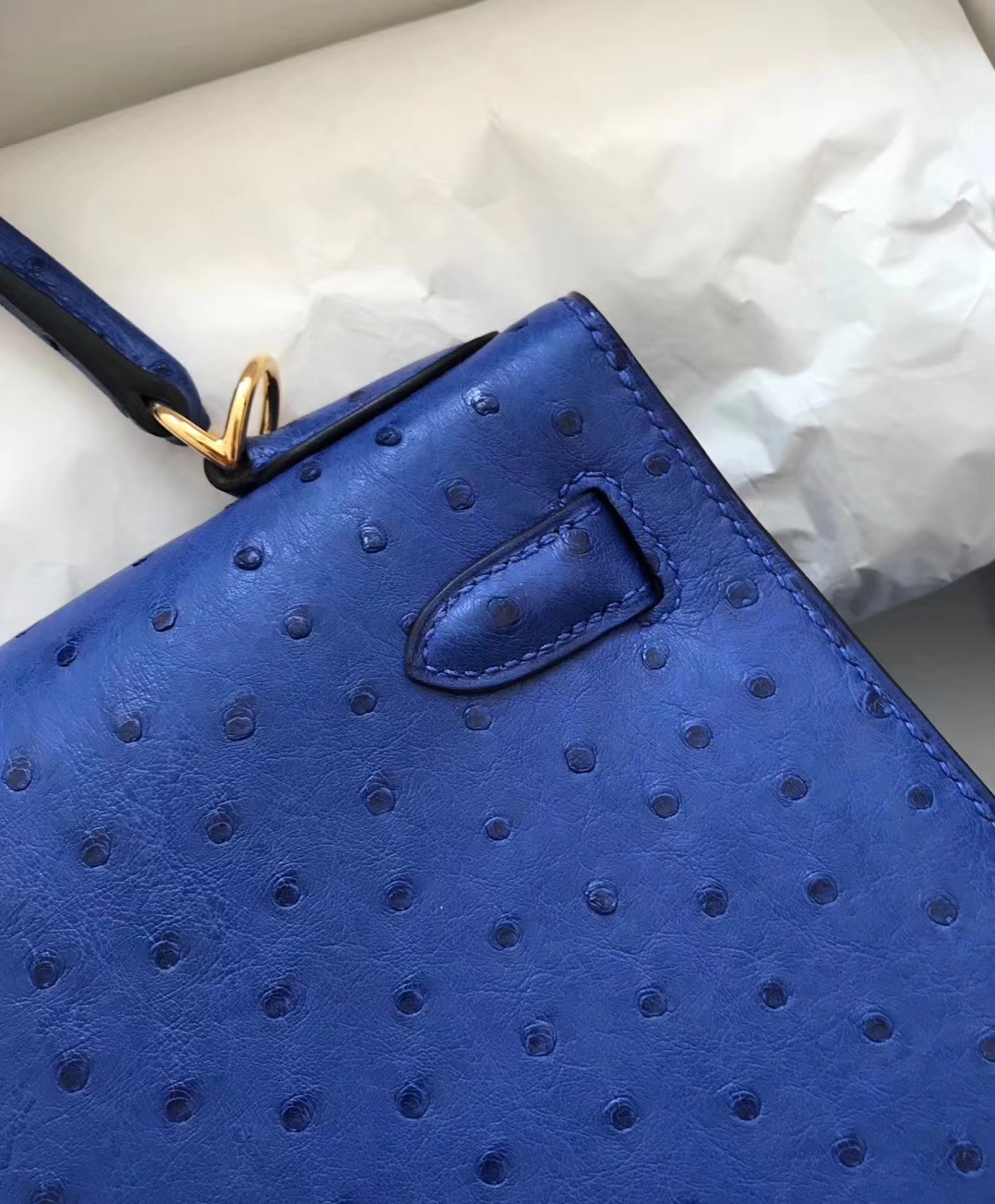 Elegant Hermes 7T Blue Electric Ostrich Leather Kelly Bag28cm Gold Hardware