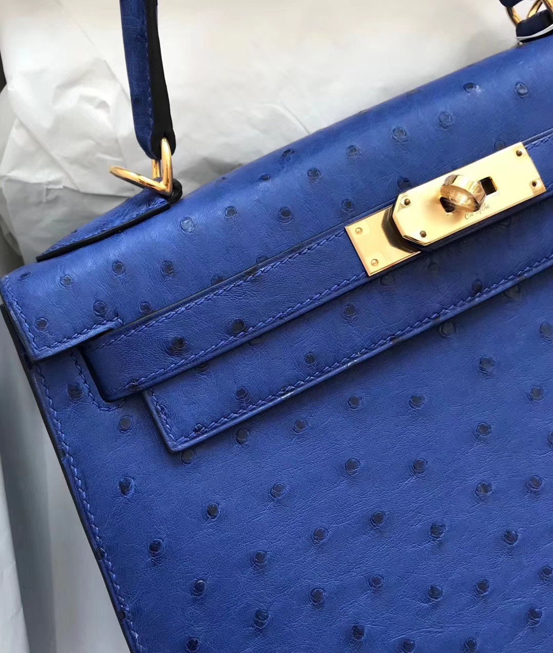 Elegant Hermes 7T Blue Electric Ostrich Leather Kelly Bag28cm Gold Hardware