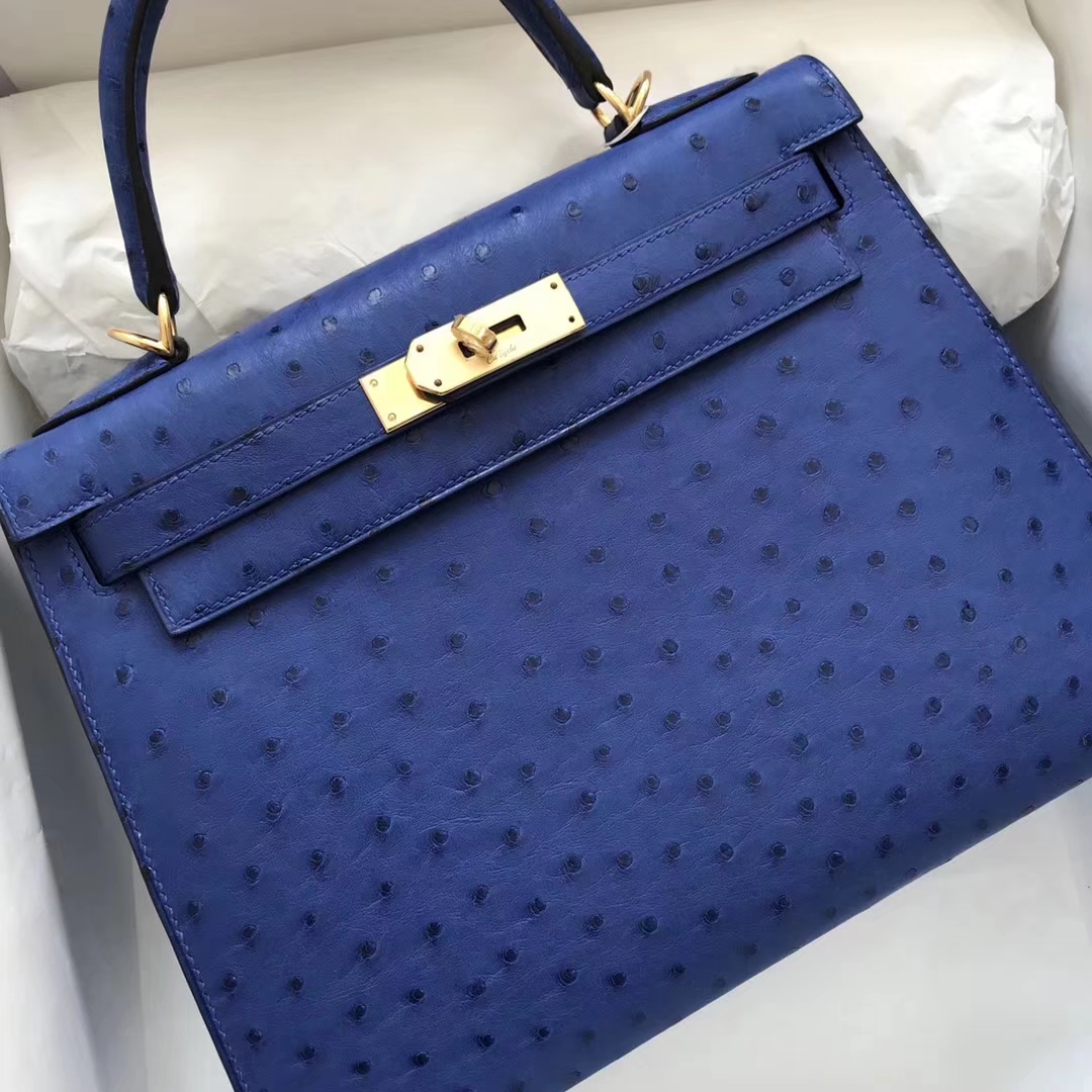 Elegant Hermes 7T Blue Electric Ostrich Leather Kelly Bag28cm Gold Hardware