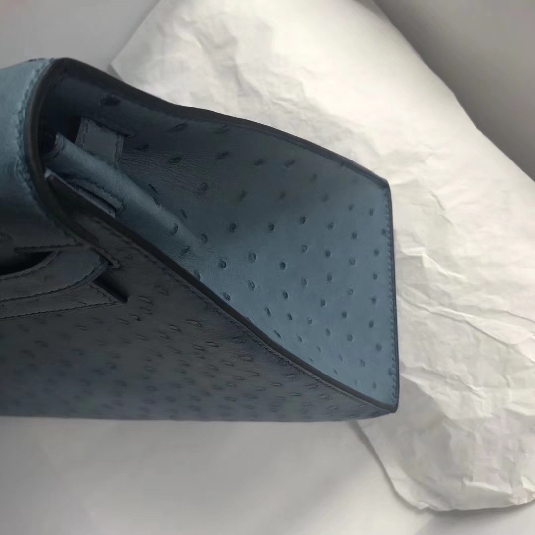 Fashion Hermes Ostrich Leather Kelly Bag28cm in CK75 Blue Jean Silver Hardware