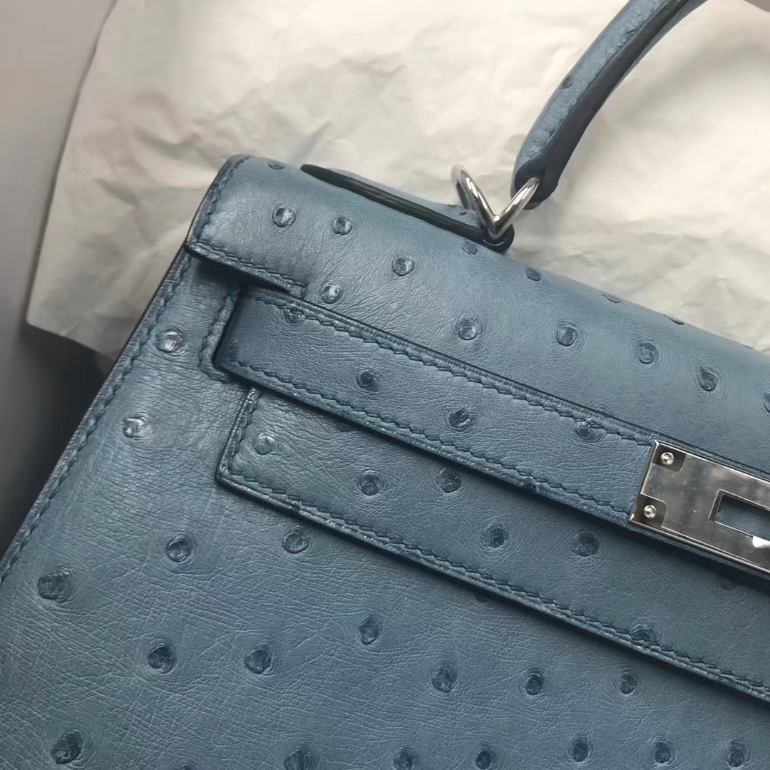 Fashion Hermes Ostrich Leather Kelly Bag28cm in CK75 Blue Jean Silver Hardware