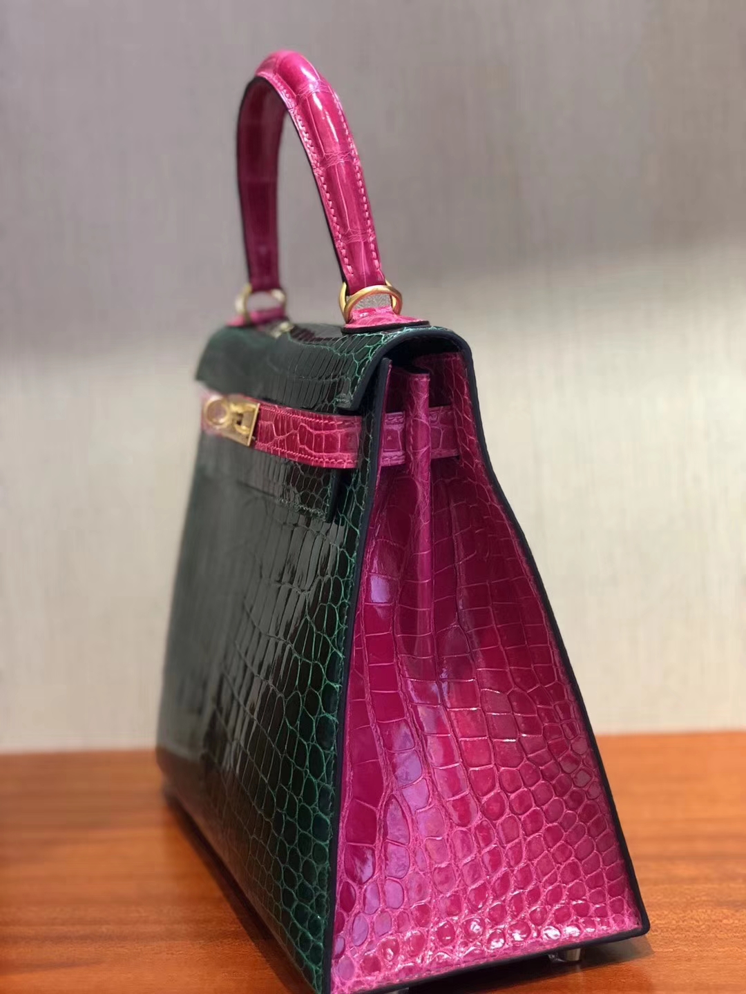 Luxury Hermes CK67 Vert Fonce/J5 Rose Scheherazade Crocodile Leather Kelly28CM Bag