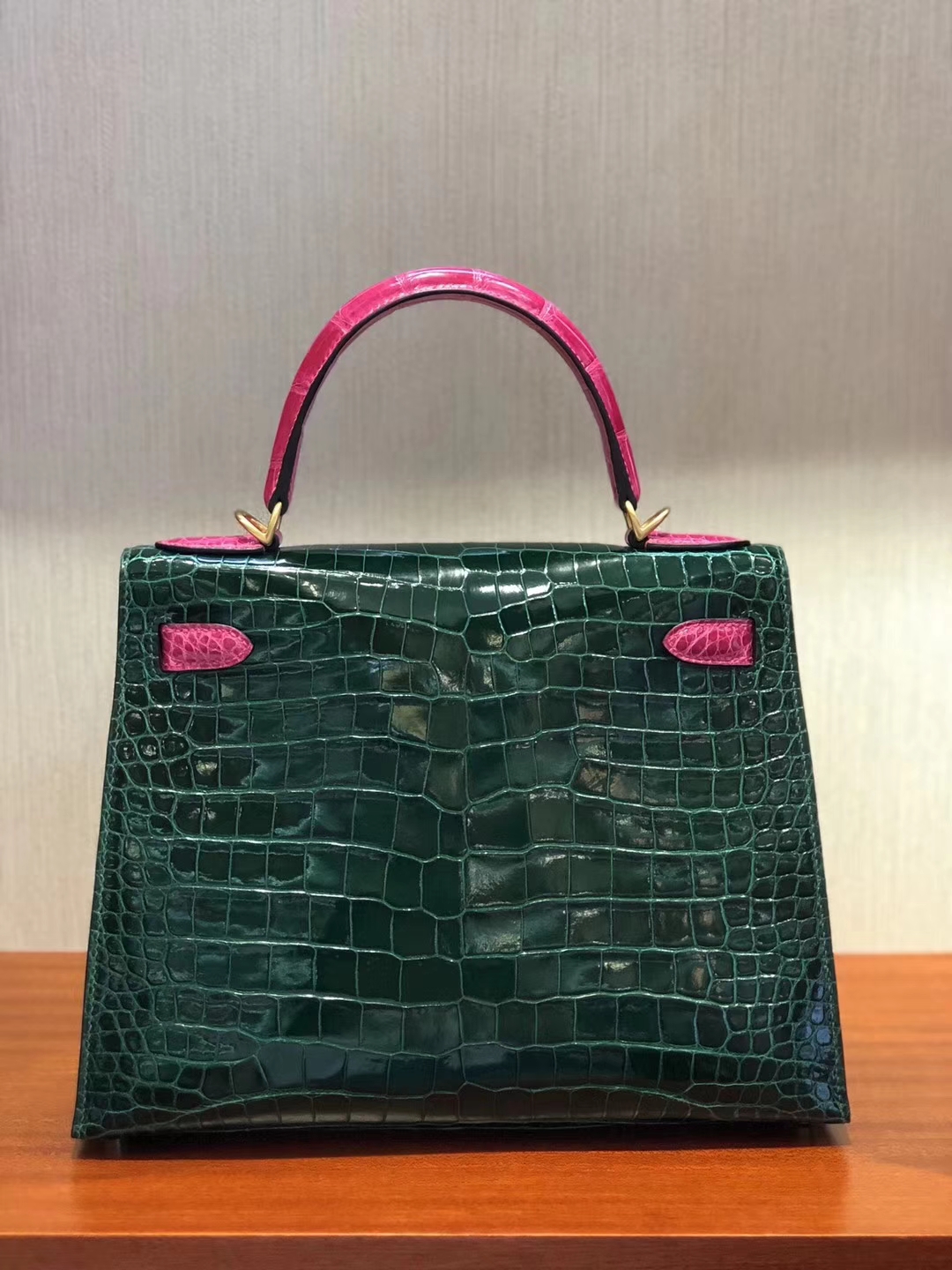 Luxury Hermes CK67 Vert Fonce/J5 Rose Scheherazade Crocodile Leather Kelly28CM Bag