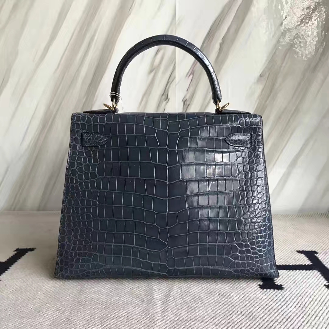 Discount Hermes Porosus Shiny Crocodile Kelly28CM Bag in N7 Blue Tempete