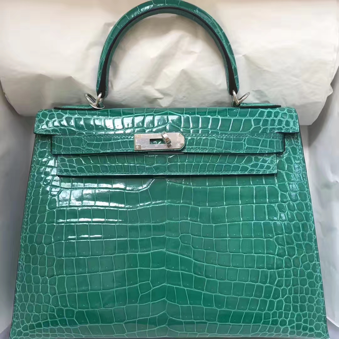 Luxury Hermes 6Q Emerald Green Shiny Crocodile Kelly Bag28CM Silver Hardware
