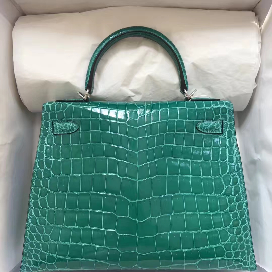 Luxury Hermes 6Q Emerald Green Shiny Crocodile Kelly Bag28CM Silver Hardware