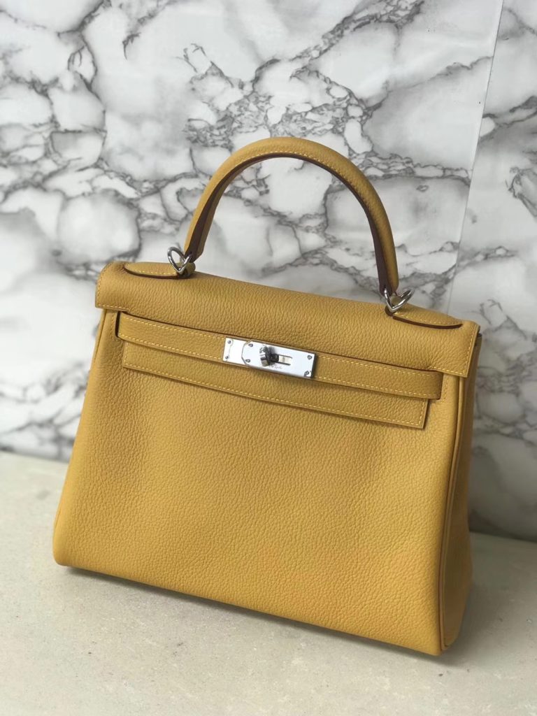 Hermes 9D Ambre Yellow Togo Calf Kelly 28CM Tote Bag Silver Hardware