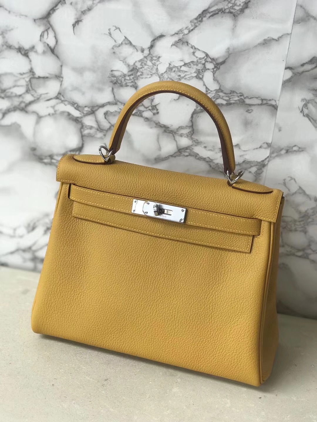 New Hermes 9D Ambre Yellow Togo Calf Kelly28CM Tote Bag Silver Hardware