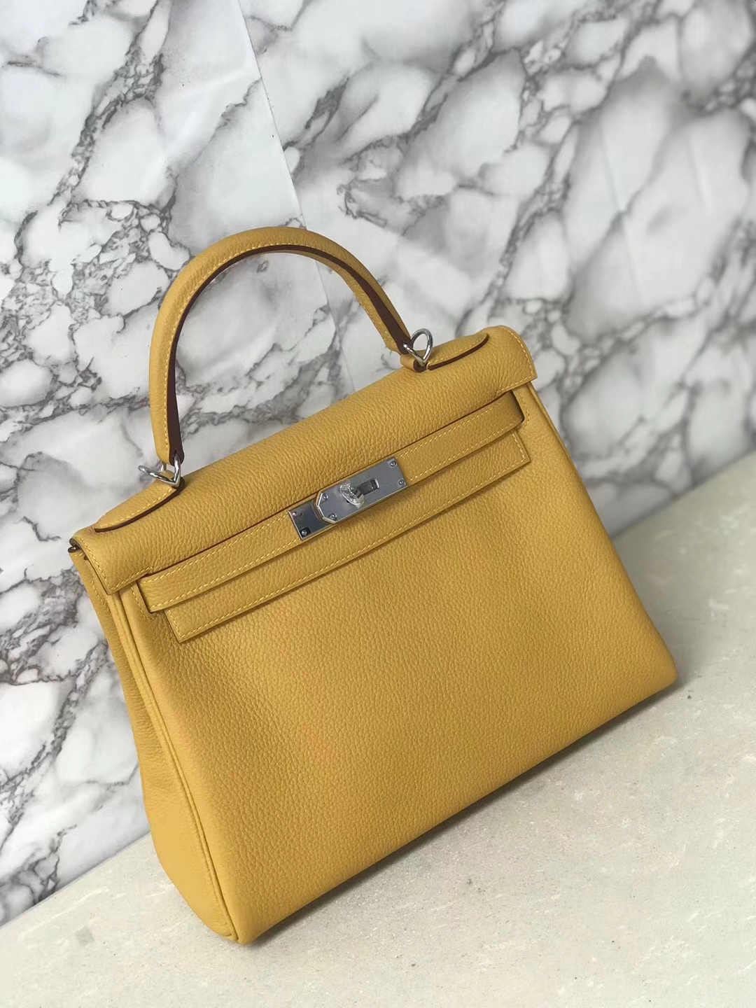 New Hermes 9D Ambre Yellow Togo Calf Kelly28CM Tote Bag Silver Hardware