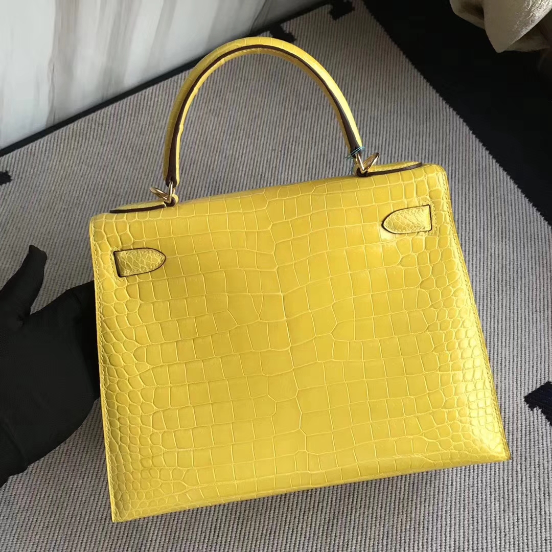Luxury Hermes 9D Ambre Yellow Porosus Shiny Crocodile Kelly28CM Bag Gold Hardware