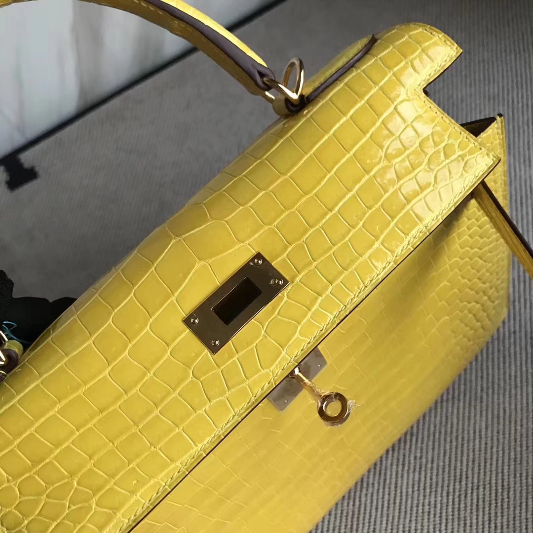 Luxury Hermes 9D Ambre Yellow Porosus Shiny Crocodile Kelly28CM Bag Gold Hardware