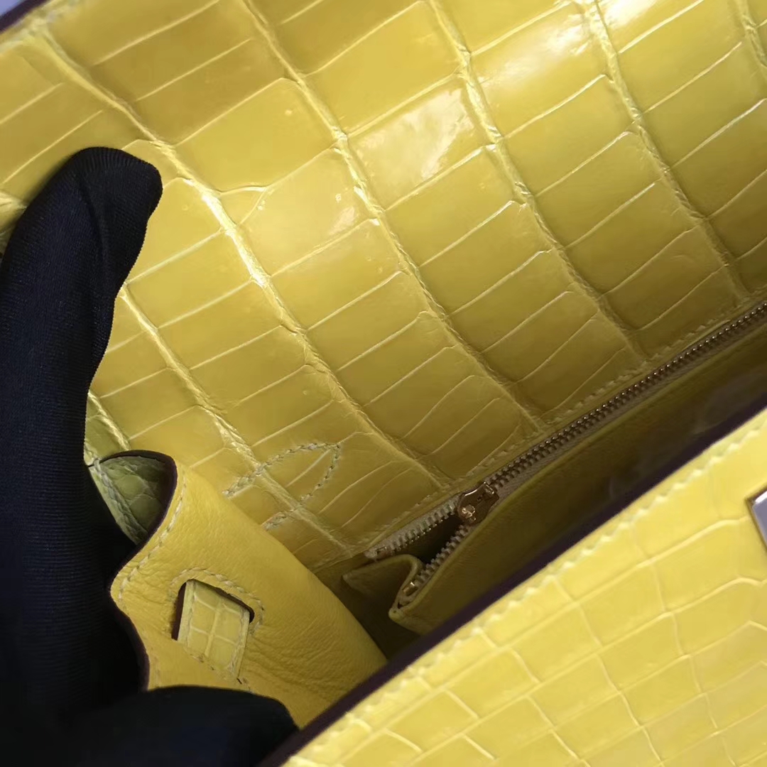 Luxury Hermes 9D Ambre Yellow Porosus Shiny Crocodile Kelly28CM Bag Gold Hardware