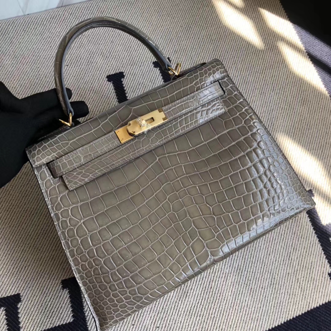 Luxury Hermes CK81 Gris Tourterelle Shiny Crocodile Leather Kelly28CM Bag