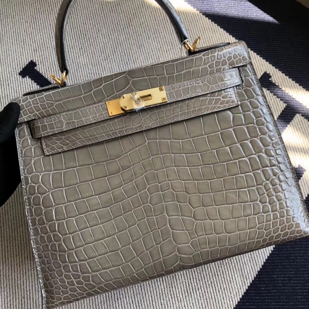 Luxury Hermes CK81 Gris Tourterelle Shiny Crocodile Leather Kelly28CM Bag