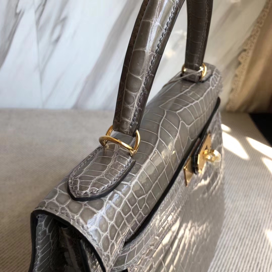 Luxury Hermes CK81 Gris Tourterelle Shiny Crocodile Leather Kelly28CM Bag