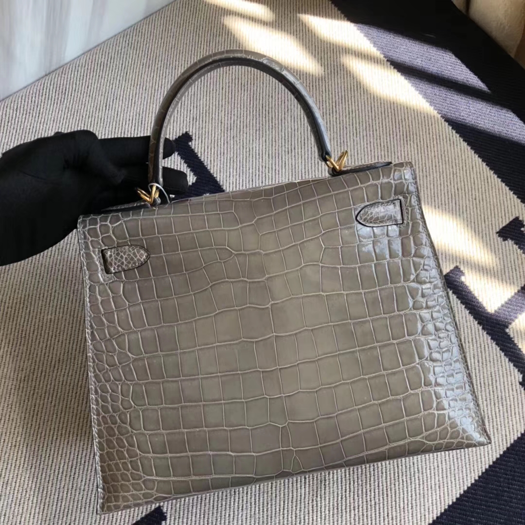 Luxury Hermes CK81 Gris Tourterelle Shiny Crocodile Leather Kelly28CM Bag