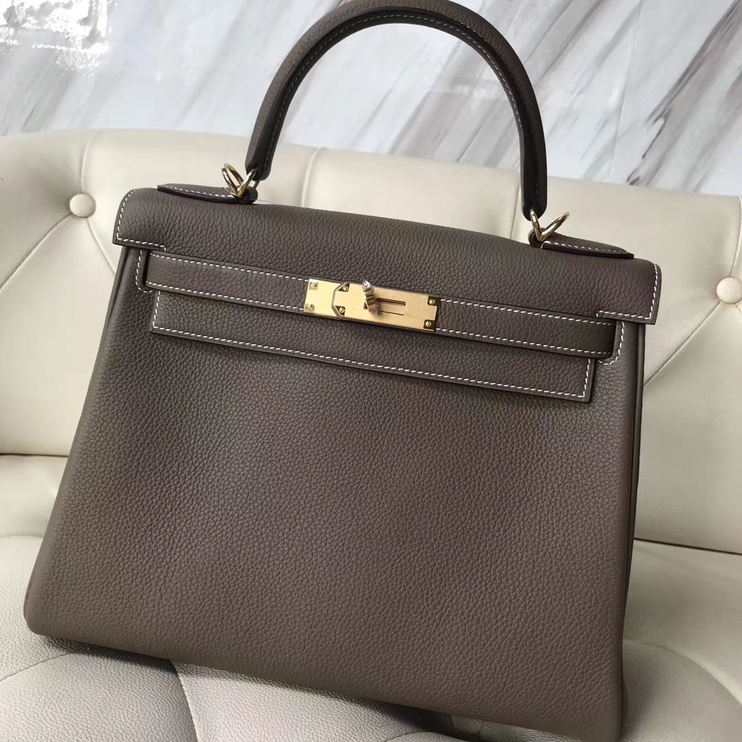 Elegant Hermes Togo Calf Retourne Kelly Bag28CM in CK18 Etoupe Grey Gold/Silver Hardware