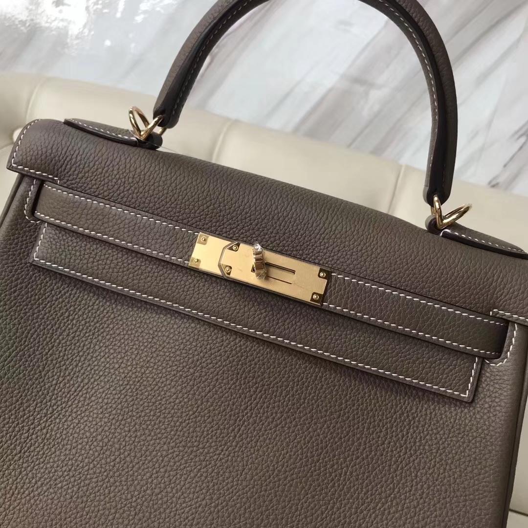 Elegant Hermes Togo Calf Retourne Kelly Bag28CM in CK18 Etoupe Grey Gold/Silver Hardware