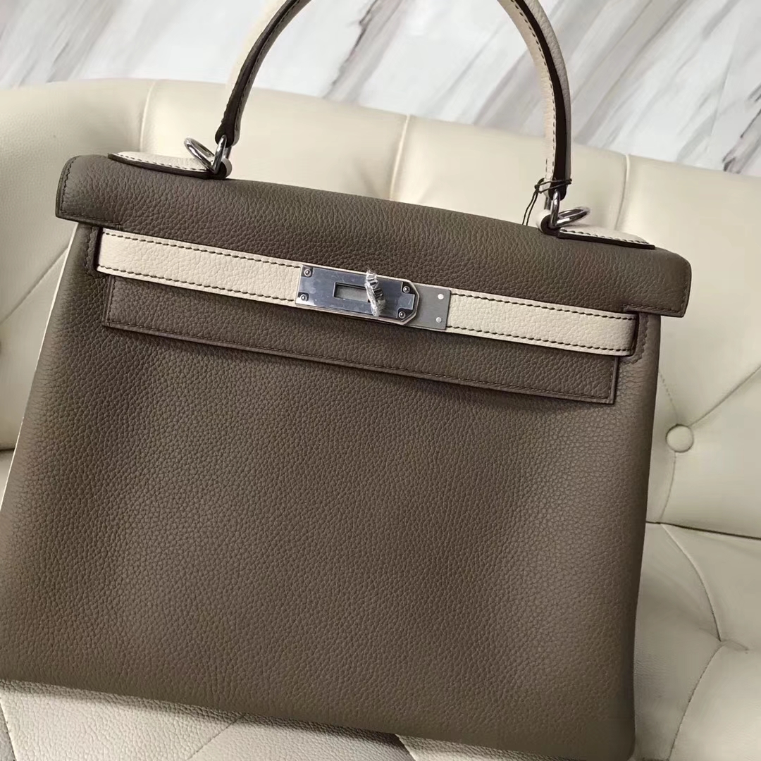 Sale Hermes CK18 Etoupe Grey/CK10 Craie White Togo Calf Kelly Bag28CM Silver Hardware