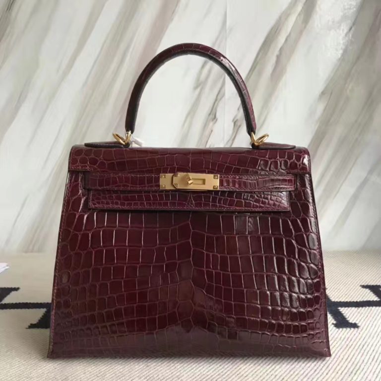 Hermes CK57 Bordeaux Red Shiny Crocodile Leather Kelly 28CM Bag Gold Hardware