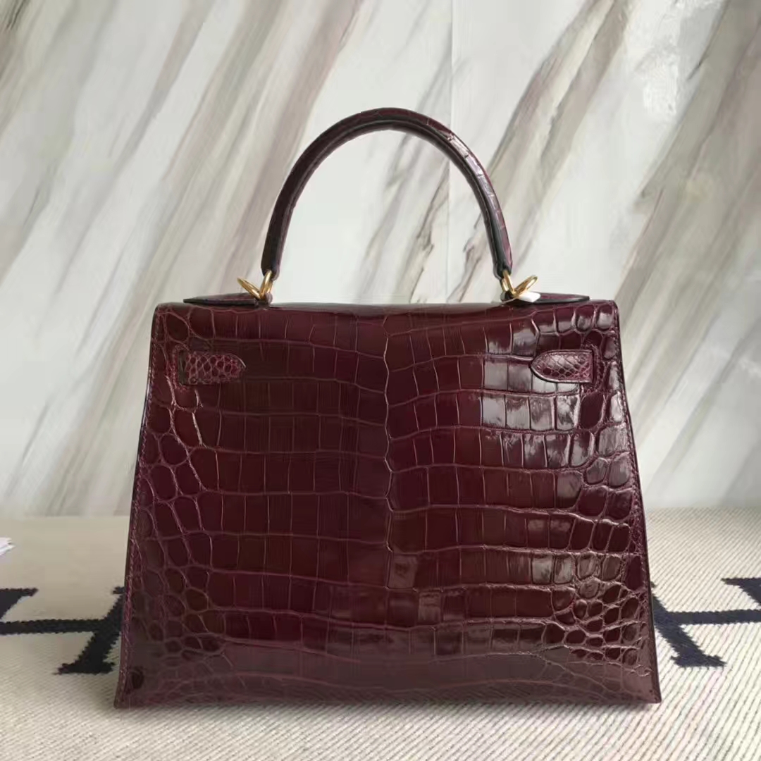 Luxury Hermes CK57 Bordeaux Red Shiny Crocodile Leather Kelly28CM Bag Gold Hardware