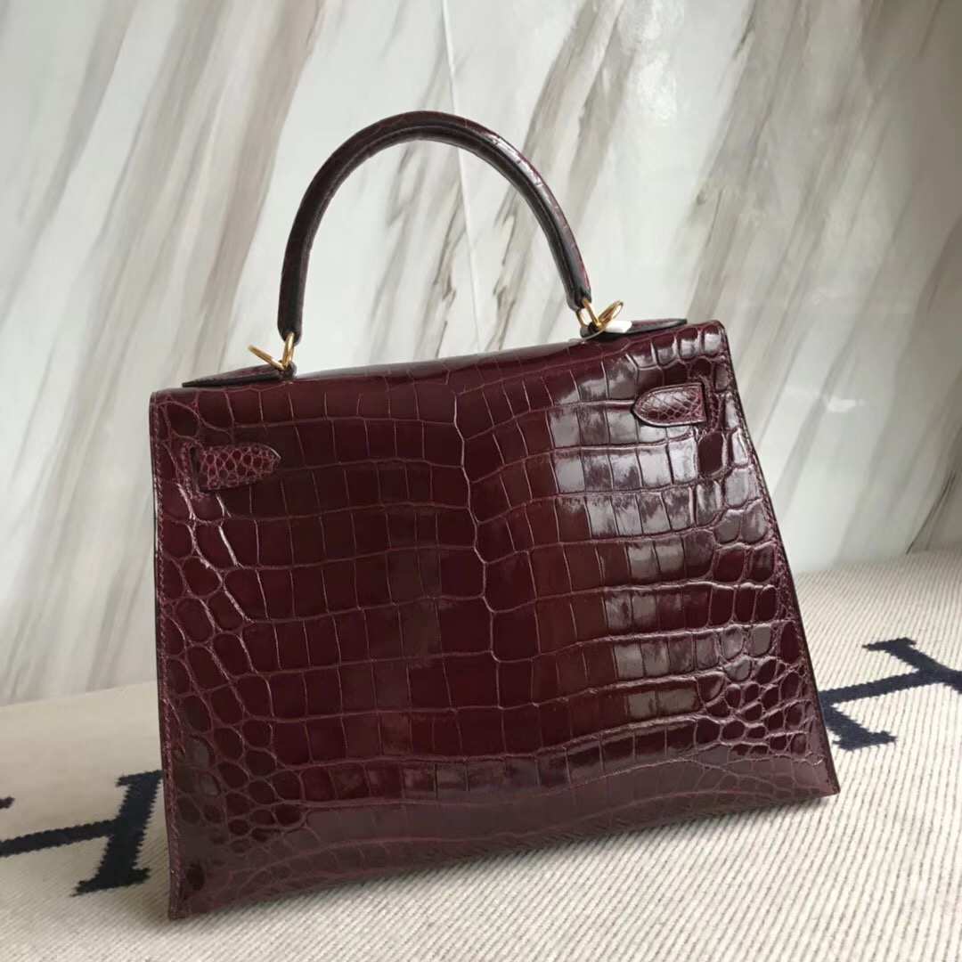 Luxury Hermes CK57 Bordeaux Red Shiny Crocodile Leather Kelly28CM Bag Gold Hardware