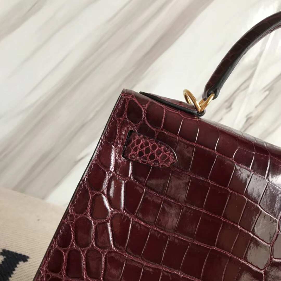 Luxury Hermes CK57 Bordeaux Red Shiny Crocodile Leather Kelly28CM Bag Gold Hardware