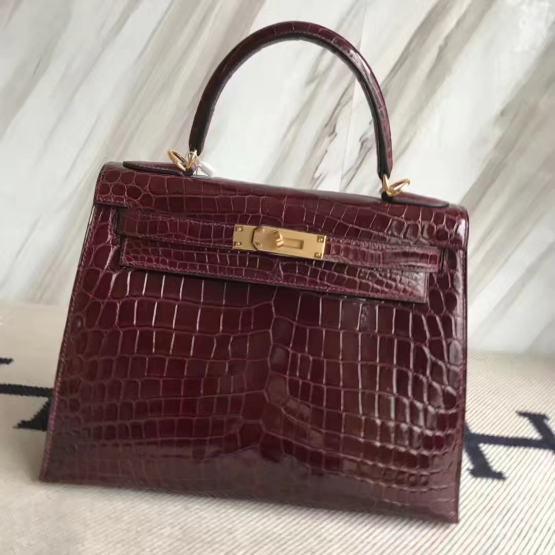 Luxury Hermes CK57 Bordeaux Red Shiny Crocodile Leather Kelly28CM Bag Gold Hardware