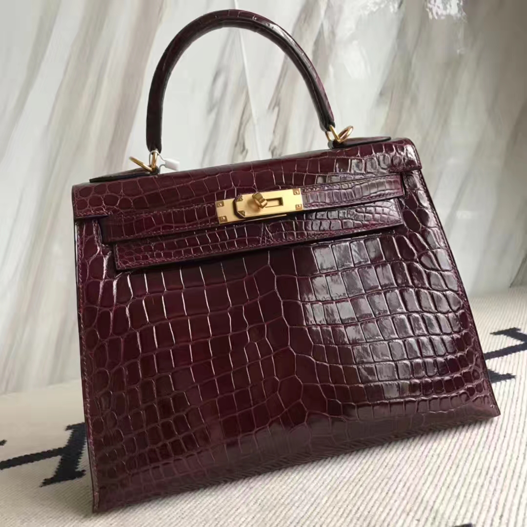 Luxury Hermes CK57 Bordeaux Red Shiny Crocodile Leather Kelly28CM Bag Gold Hardware