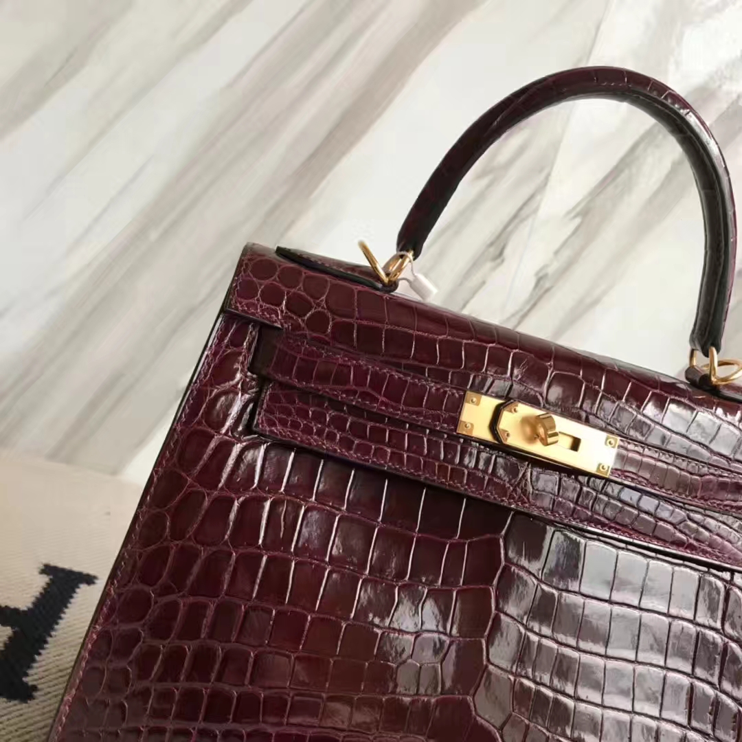 Luxury Hermes CK57 Bordeaux Red Shiny Crocodile Leather Kelly28CM Bag Gold Hardware