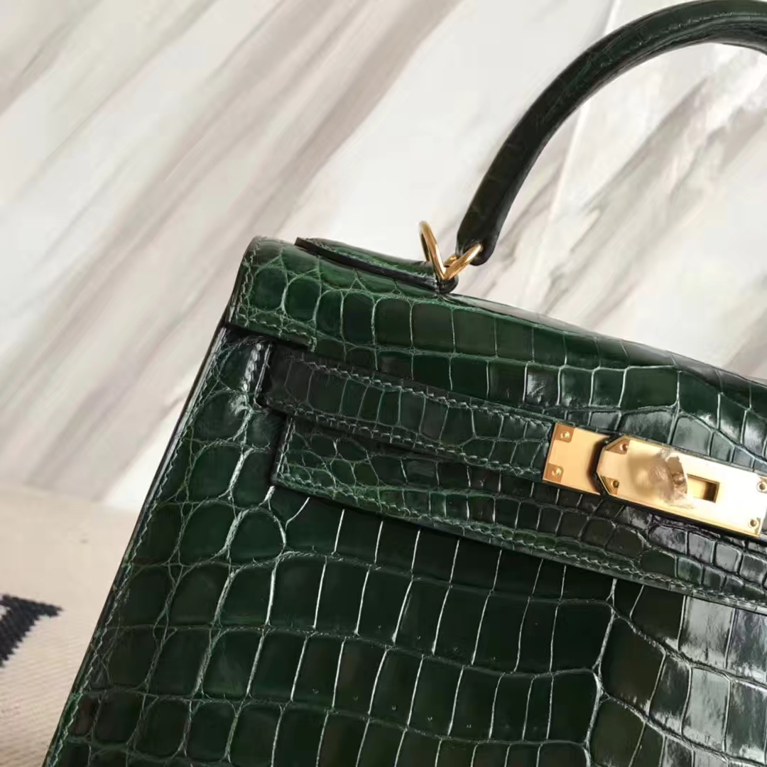 Wholesale Hermes Shiny Crocodile Leather Sellier Kelly Bag28CM in CK67 Vert Fonce Gold Hardware