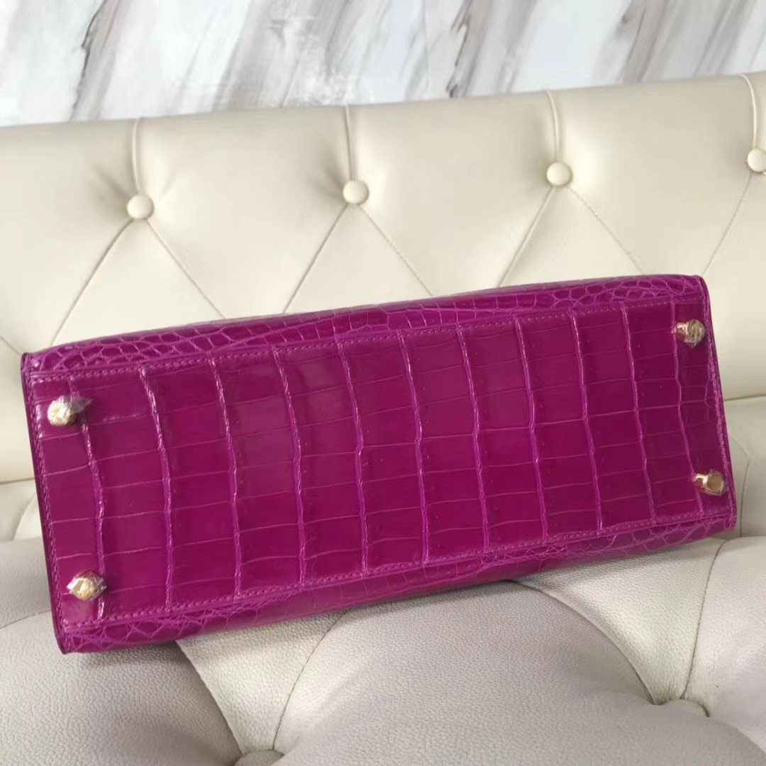 Luxury Hermes J5 Rose Scheherazade Shiny Crocodile Kelly28CM Tote Bag Gold Hardware