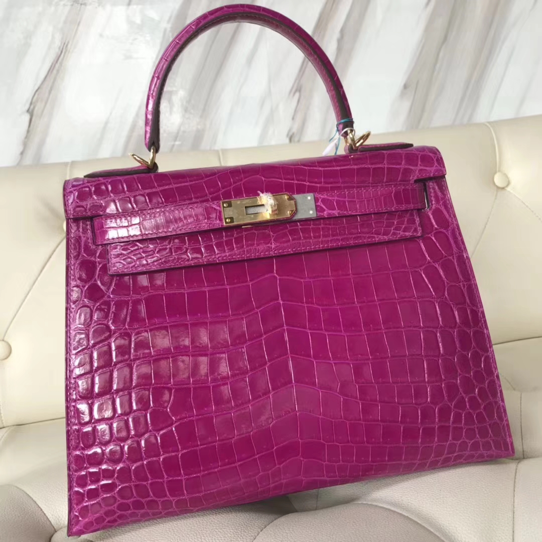 Luxury Hermes J5 Rose Scheherazade Shiny Crocodile Kelly28CM Tote Bag Gold Hardware