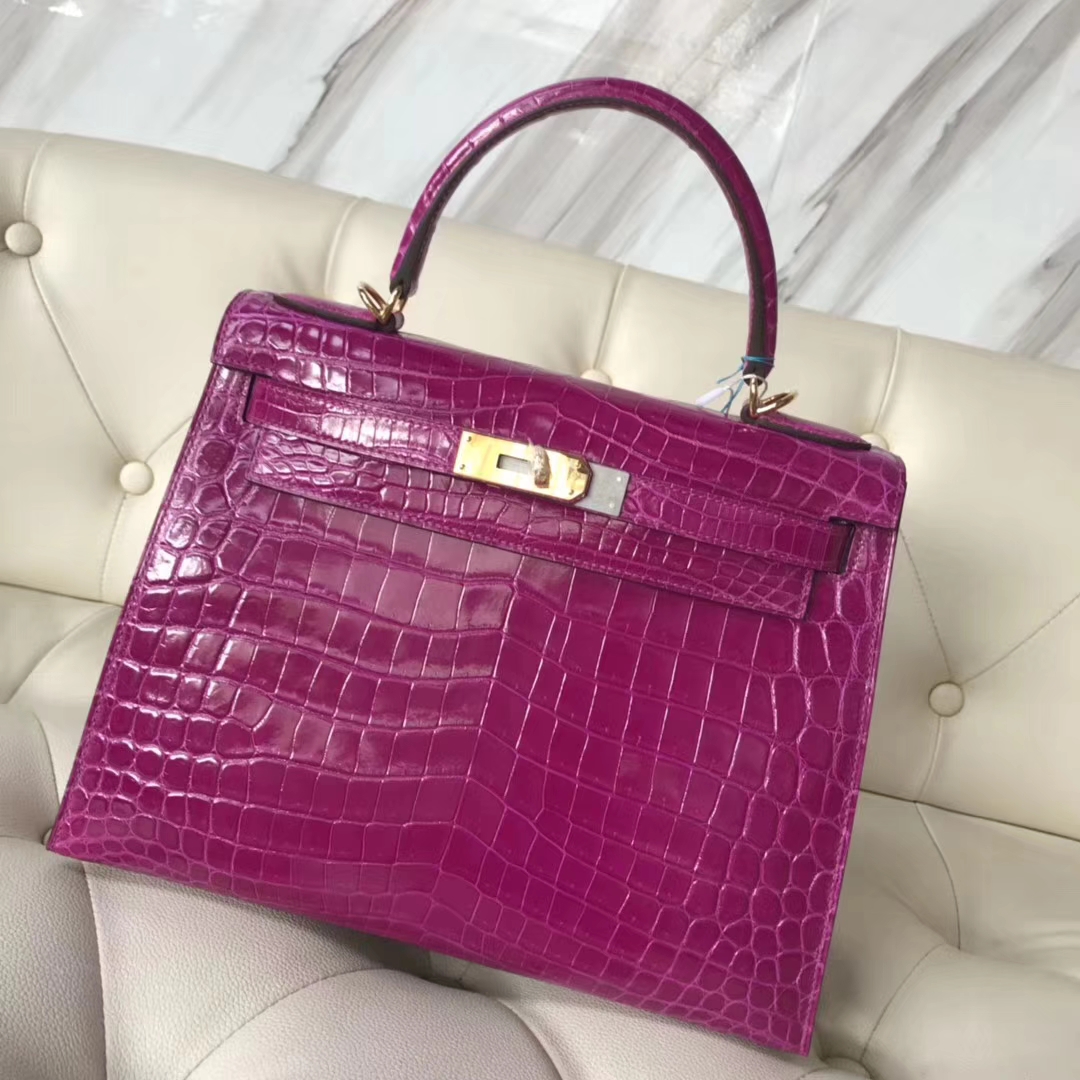 Luxury Hermes J5 Rose Scheherazade Shiny Crocodile Kelly28CM Tote Bag Gold Hardware