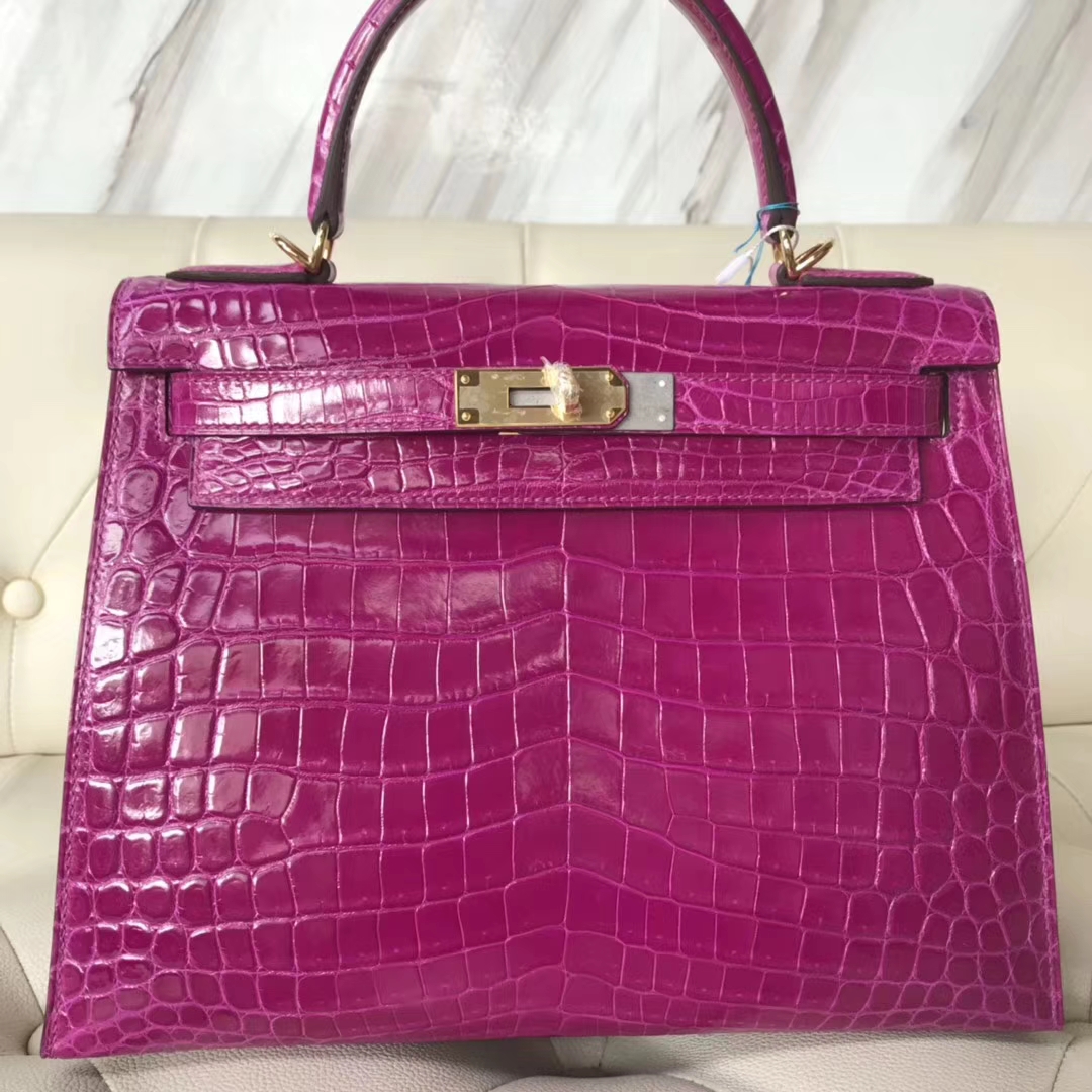 Luxury Hermes J5 Rose Scheherazade Shiny Crocodile Kelly28CM Tote Bag Gold Hardware