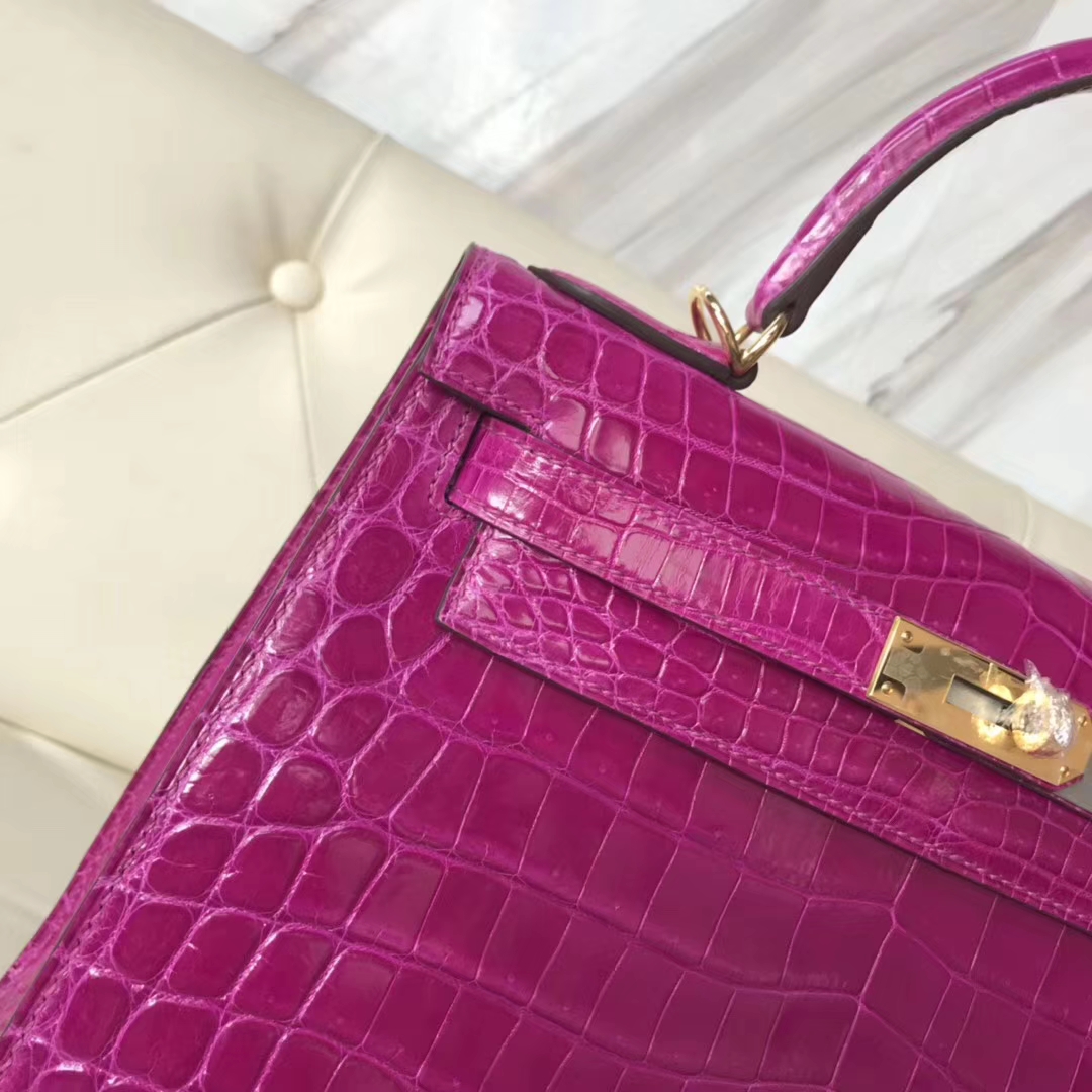 Luxury Hermes J5 Rose Scheherazade Shiny Crocodile Kelly28CM Tote Bag Gold Hardware