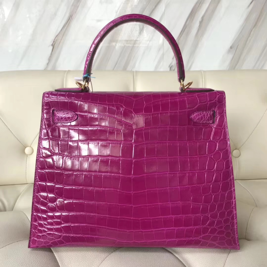 Luxury Hermes J5 Rose Scheherazade Shiny Crocodile Kelly28CM Tote Bag Gold Hardware