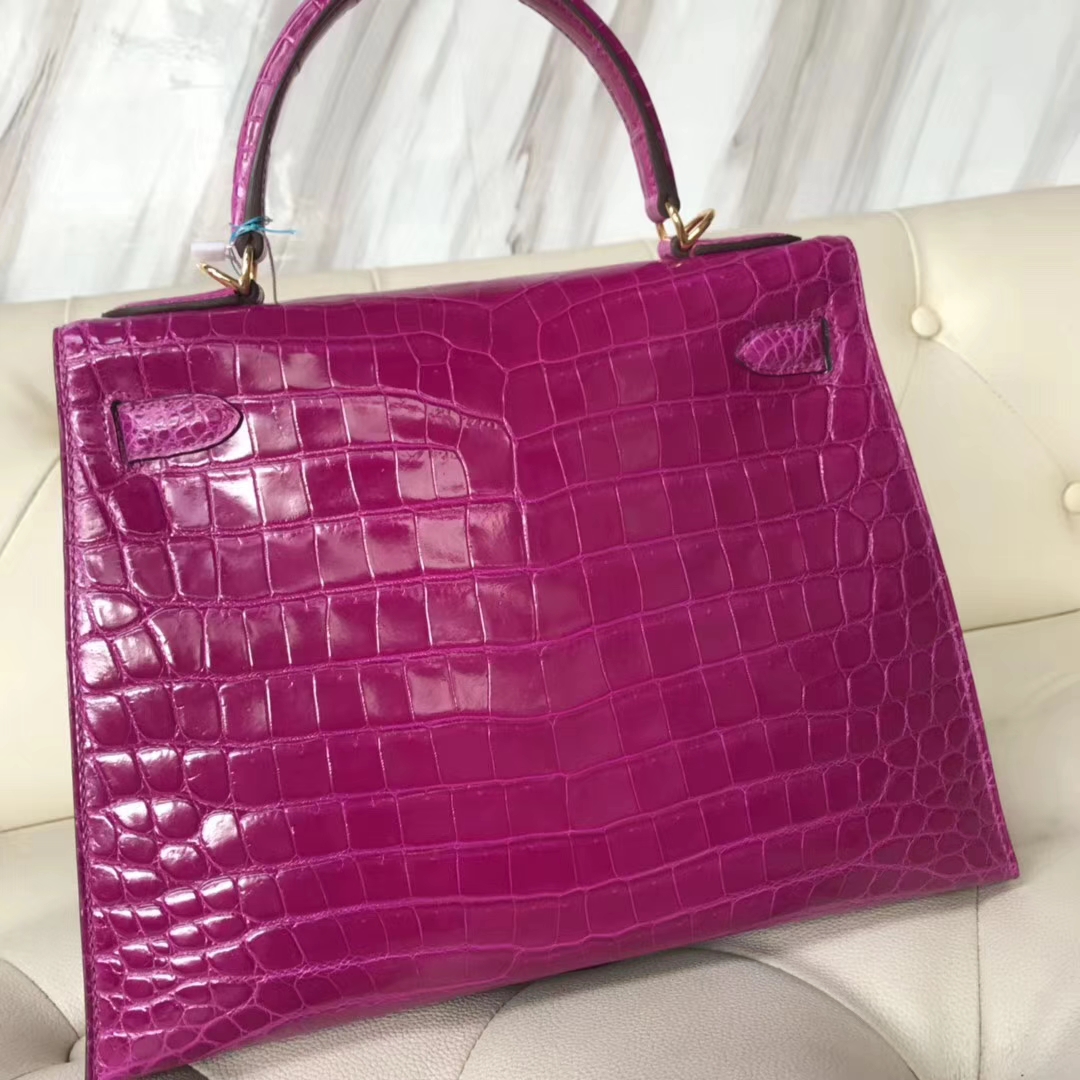 Luxury Hermes J5 Rose Scheherazade Shiny Crocodile Kelly28CM Tote Bag Gold Hardware
