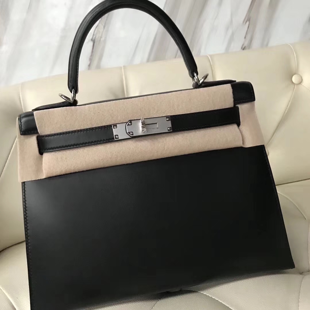 Discount Hermes Box Calf Kelly Bag28CM in CK89 Black Gold/Silver Hardware