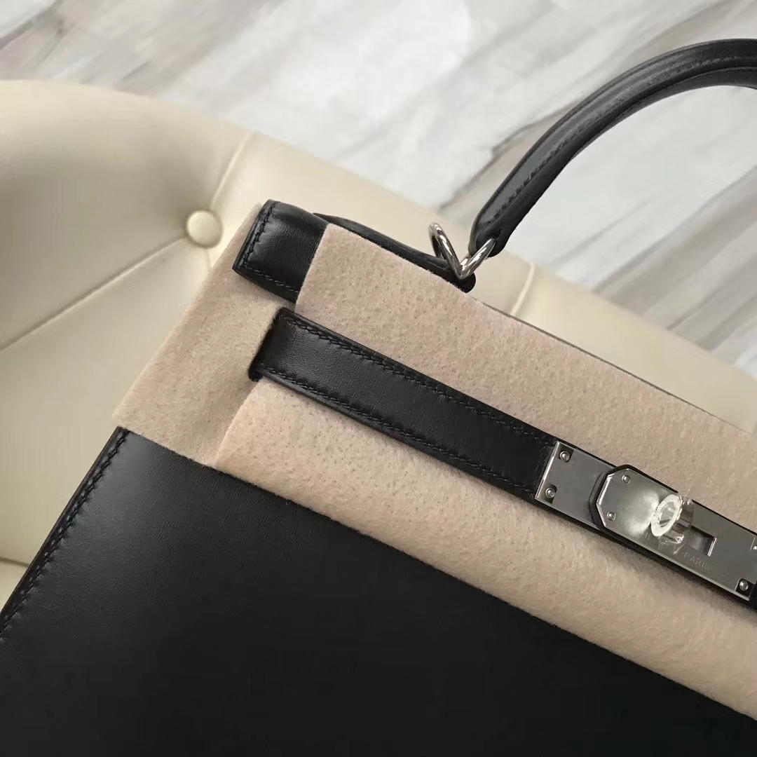 Discount Hermes Box Calf Kelly Bag28CM in CK89 Black Gold/Silver Hardware
