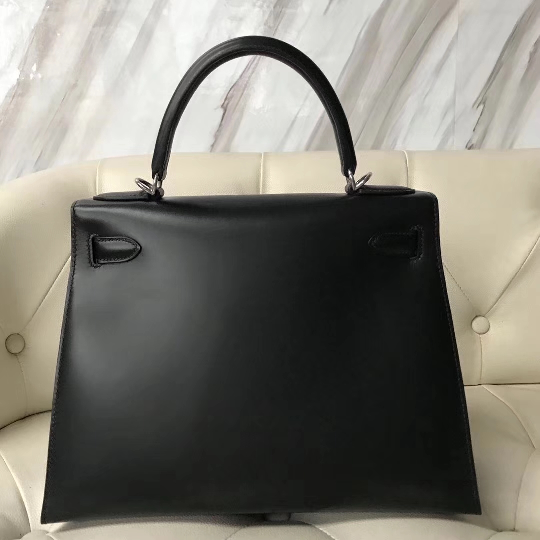 Discount Hermes Box Calf Kelly Bag28CM in CK89 Black Gold/Silver Hardware